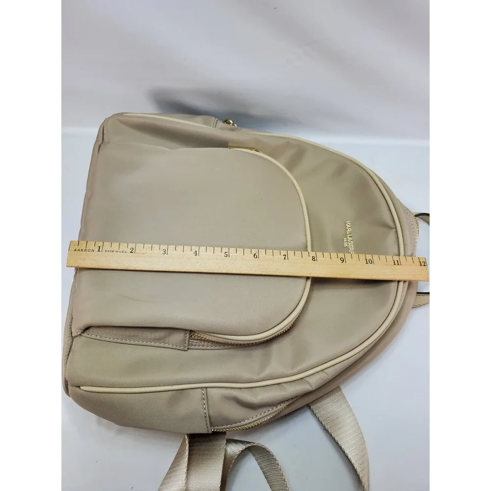 Karl‎ Lagerfeld Paris Backpack Beige Nylon Gold Hardware Zip Closure Travel Chic